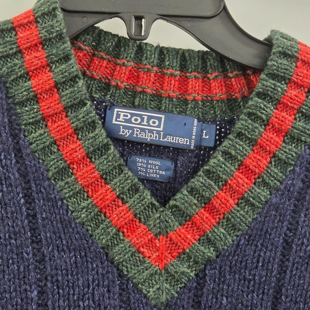Vintage Polo Ralph Lauren Large Wool Silk Blend V-Neck Sweater Navy Green Red